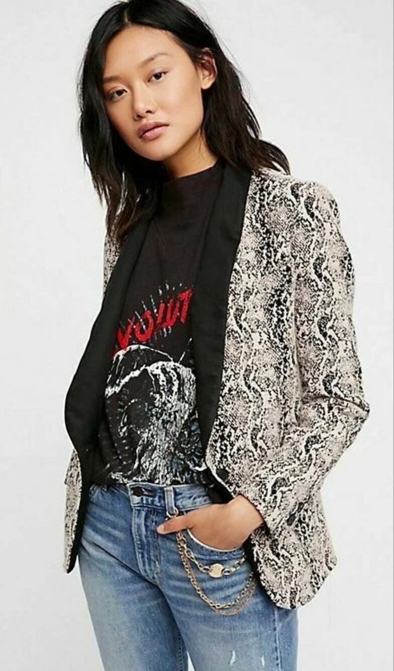 Free People Modern Femme Blazer Jacket Snake Animal Print Plunge Textured Small